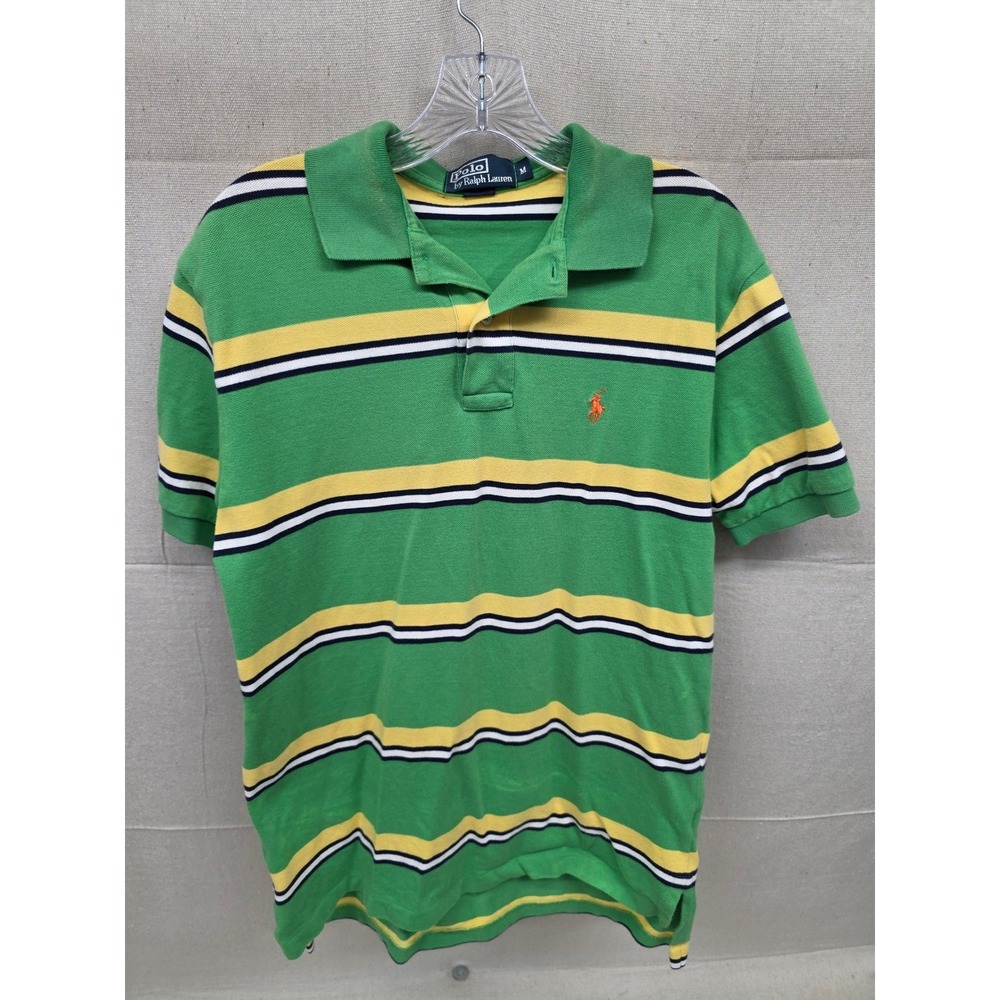 Polo Ralph Lauren Mens Green Striped Short Sleeve Polo Shirt Size M Orange Pony